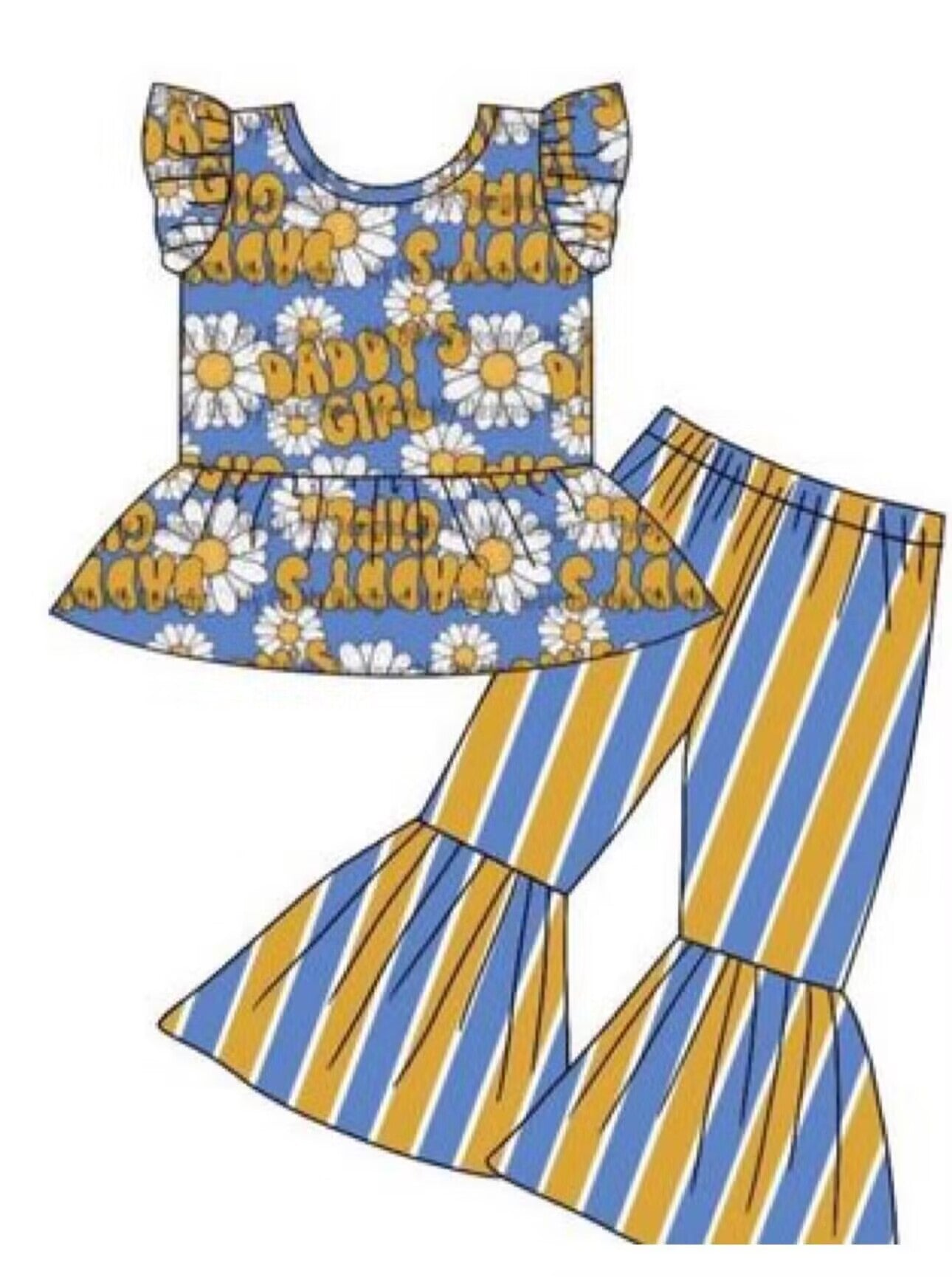 custom daddy's girl flowers blue flutter sleeve yellow blue striped pants girls set