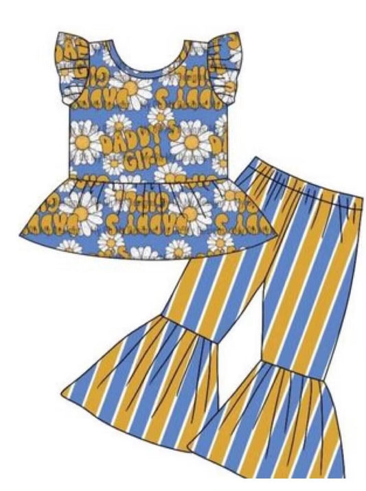 custom daddy's girl flowers blue flutter sleeve yellow blue striped pants girls set