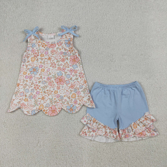 GSSO3393 Scallop Flowers Bows Sleeveless Blue Shorts Girls Set