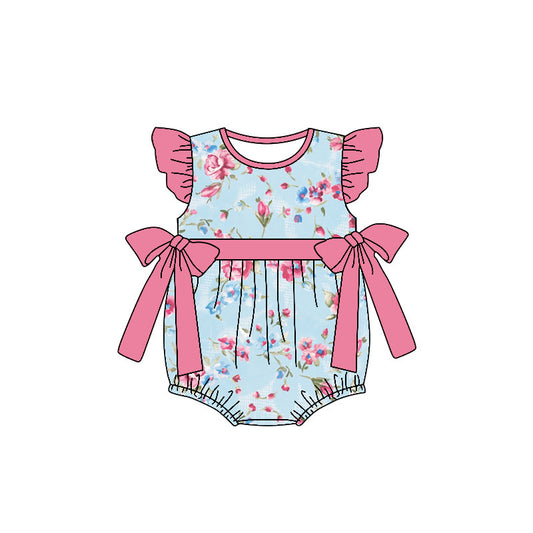 custom style flowers blue 3 flutter sleeve girls romper
