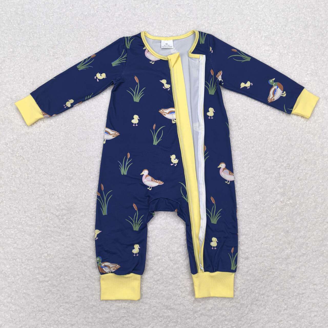 LR1037 mallard black yellow long sleeve zipper girls romper