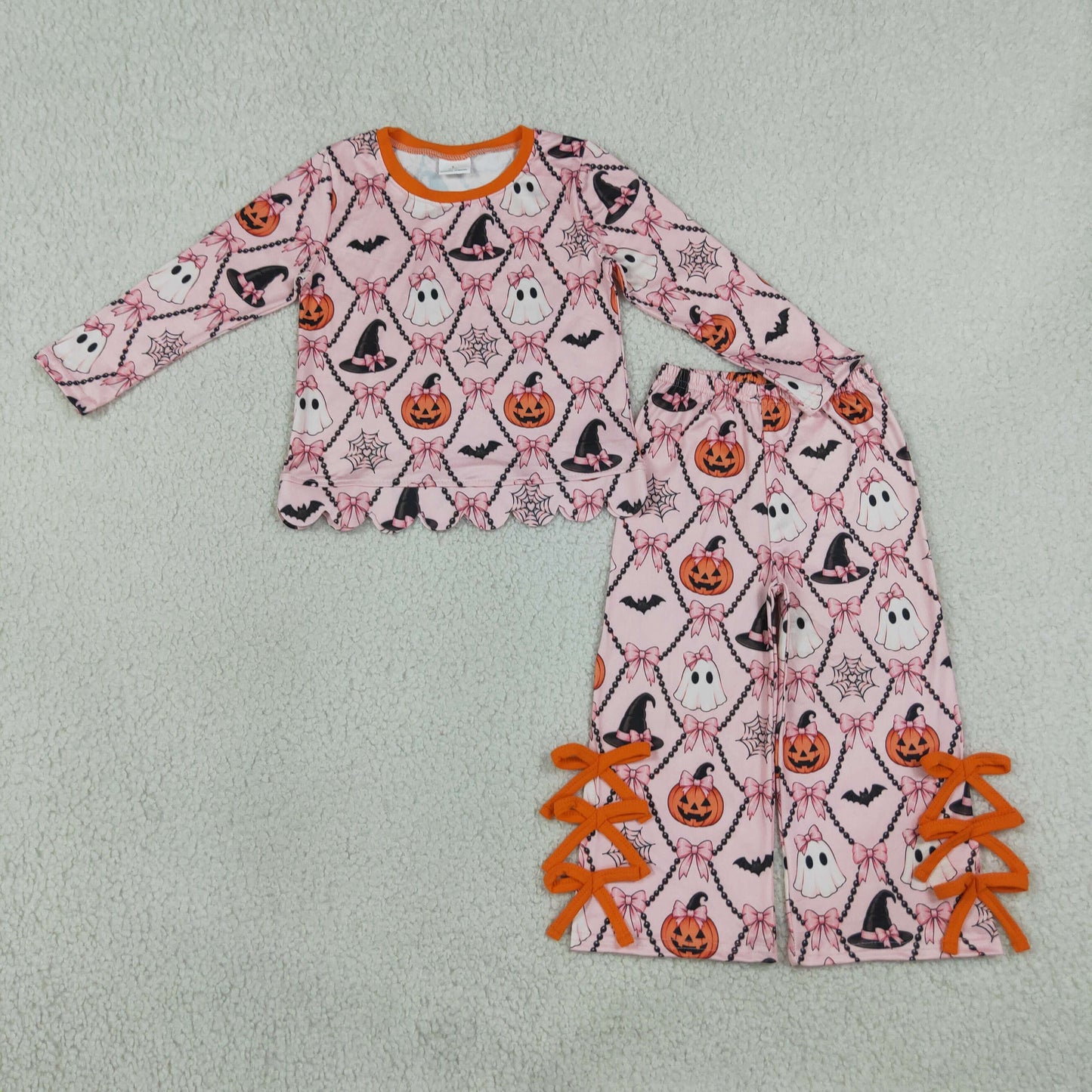 GLP3434 Halloween Bows Spooky Pumpkin Pink Long Sleeve Pants Girls Set
