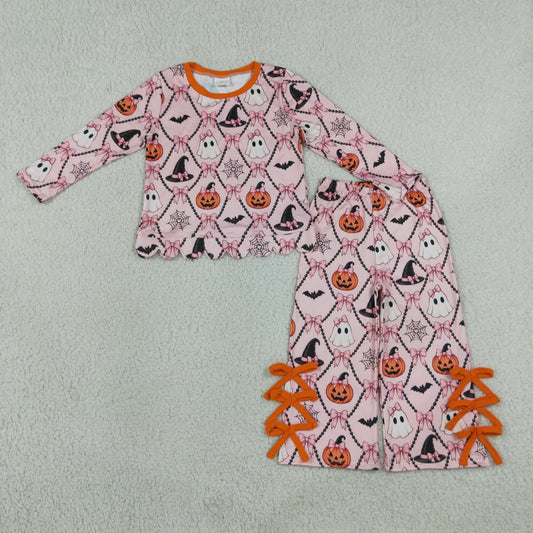 GLP3434 Halloween Bows Spooky Pumpkin Pink Long Sleeve Pants Girls Set