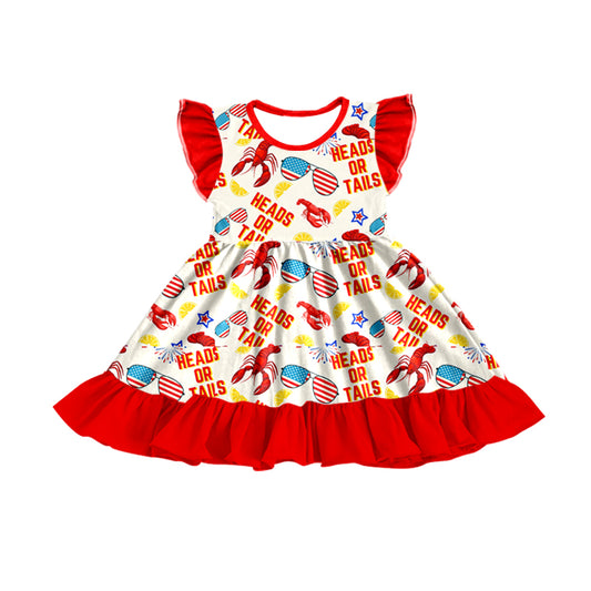 Preorder moq 3 July 4th Crayfish Heads Or Tails Red Flutter Sleeve Girls Dress