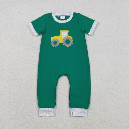 Embroidery SR3332 tractor green short sleeve boys romper