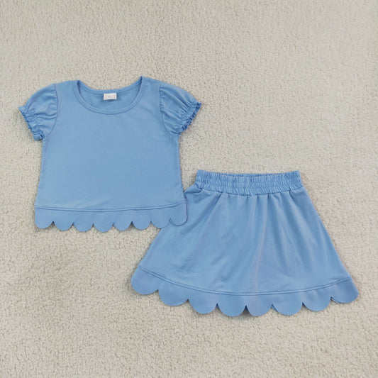 GSD3933 Scallop Solid Color Blue Scallop Short Sleeve Skorts Girls Set