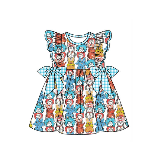 custom moq 3 Cartoon Dr Animals Blue Bows Flutter Sleeve Girls Dress