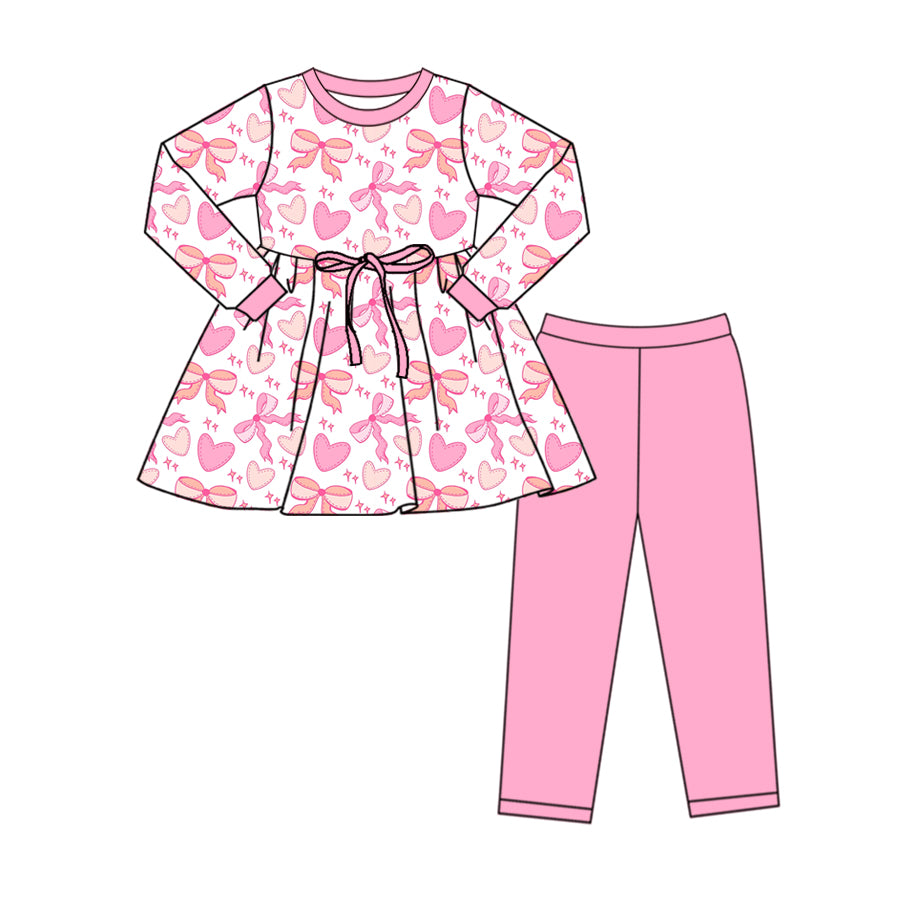 custom moq 3 Valentine's Day bows heart pink long slevee pink pants girls set