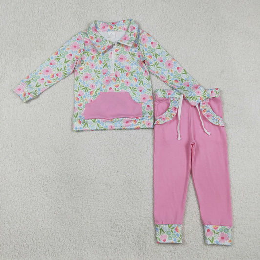 GLP3282 Flowers Floral Pocket Zipper Long Sleeve Yellow Pants Girls Set