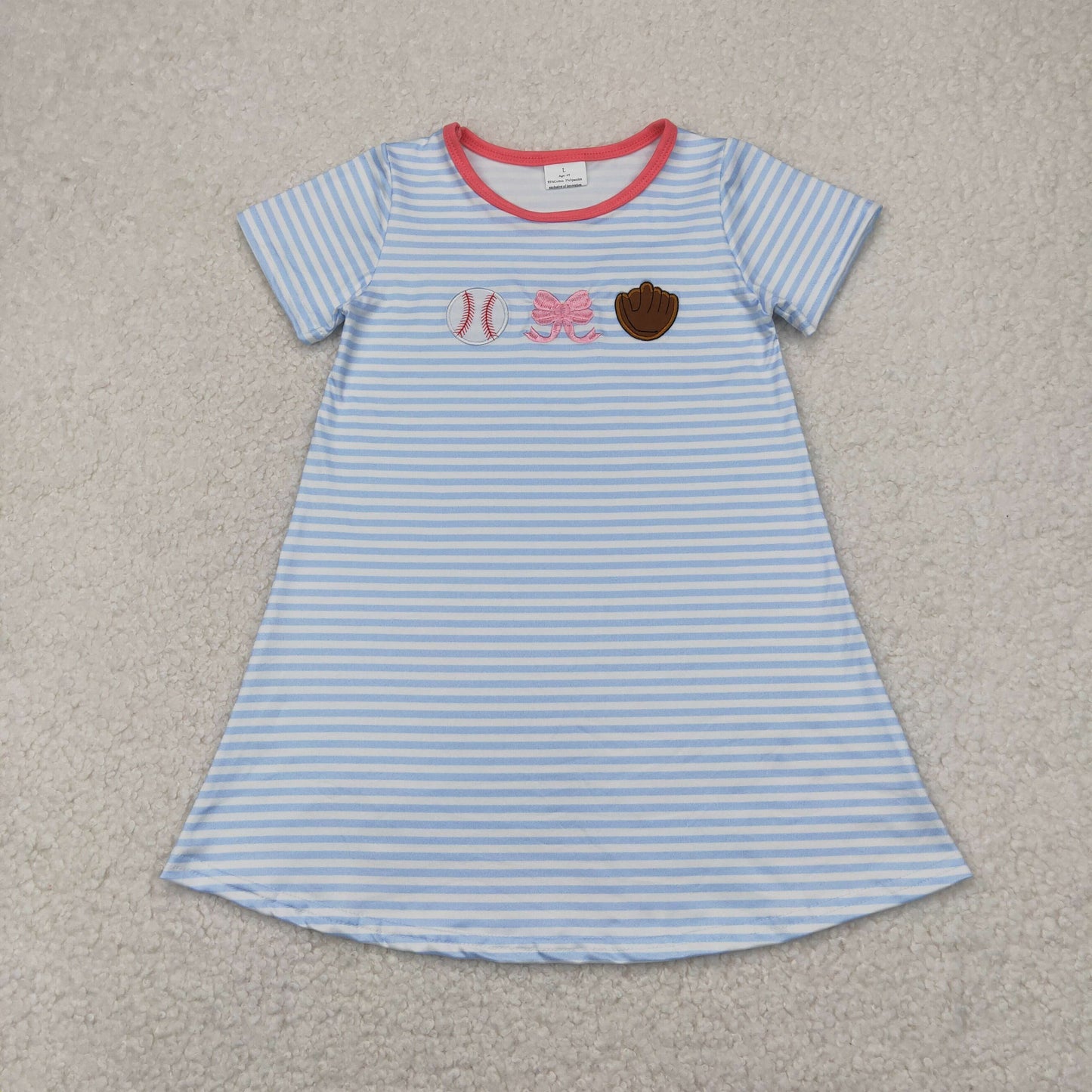 embroidery GSD2220 play baseball bow blue striped short sleeve girls dress