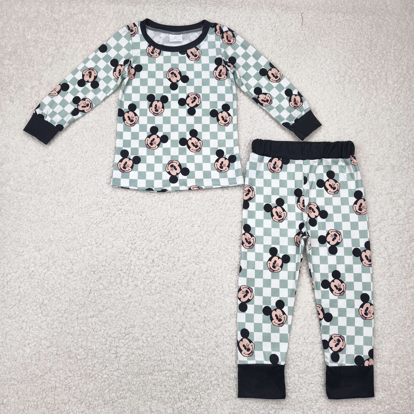BLP0937 cartoon M green checkered long sleeve pants boys set