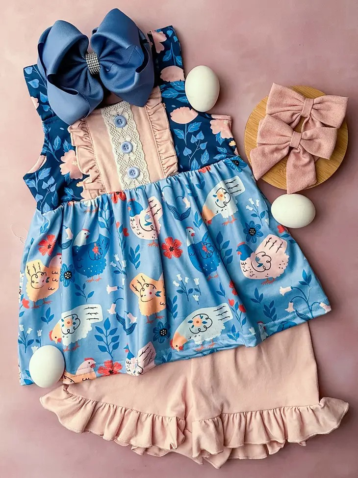 preorder GSSO1041 cute chick flowers sleeveless pink shorts girls set