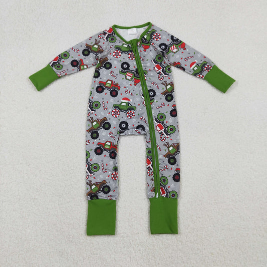 LR2669 Christmas cane candy car green grey zipper long sleeve boys romper