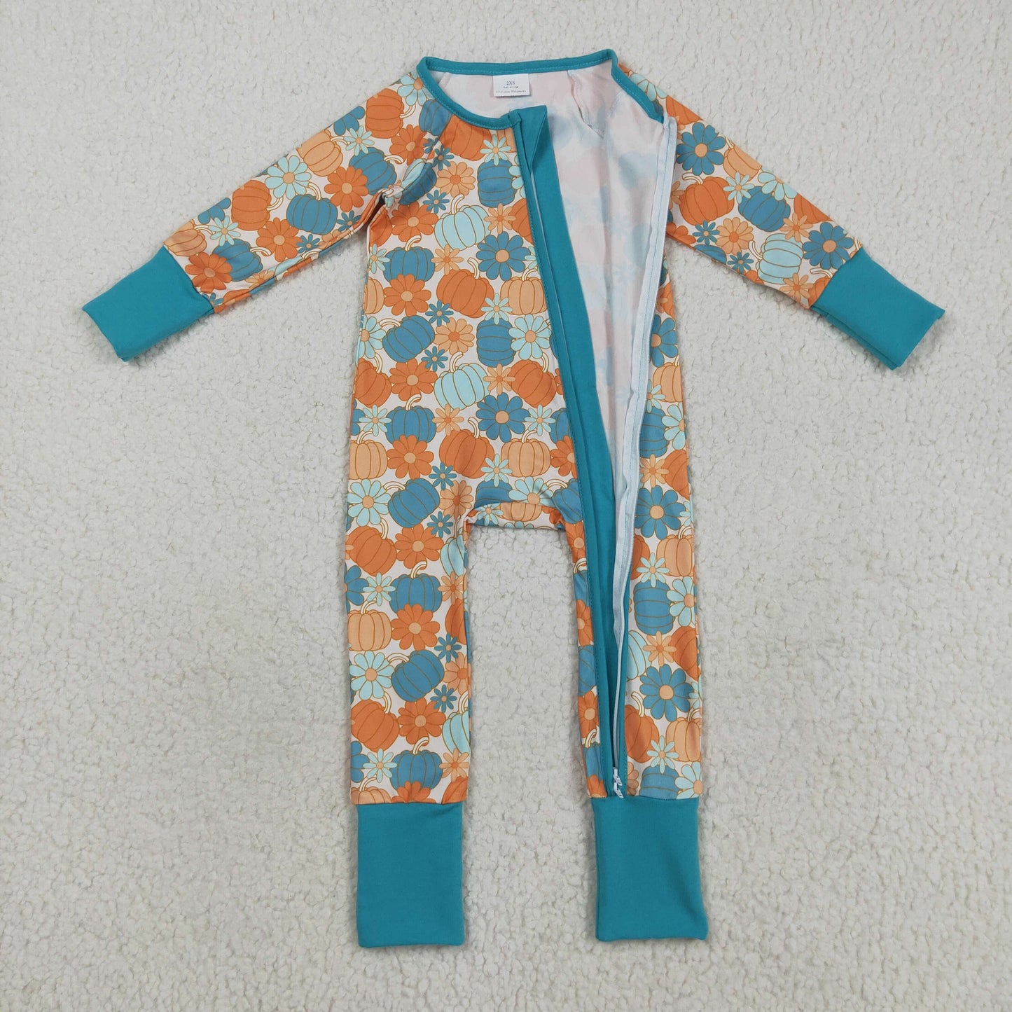 LR2461 Autumn pumpkin flowers blue zipper long sleeve girls  romper