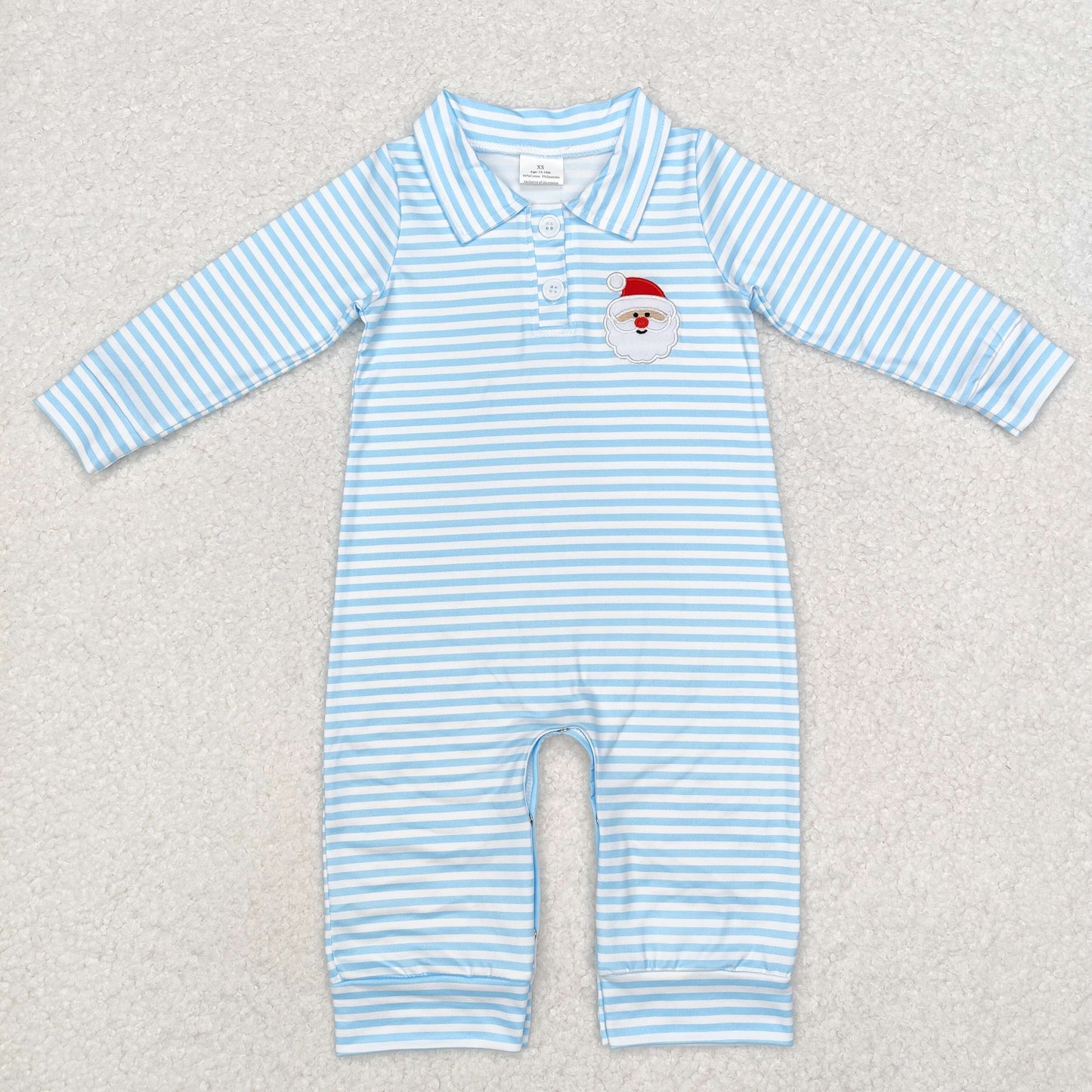 embroidery LR1475 Christmas Santa blue striped long sleeve boys romper