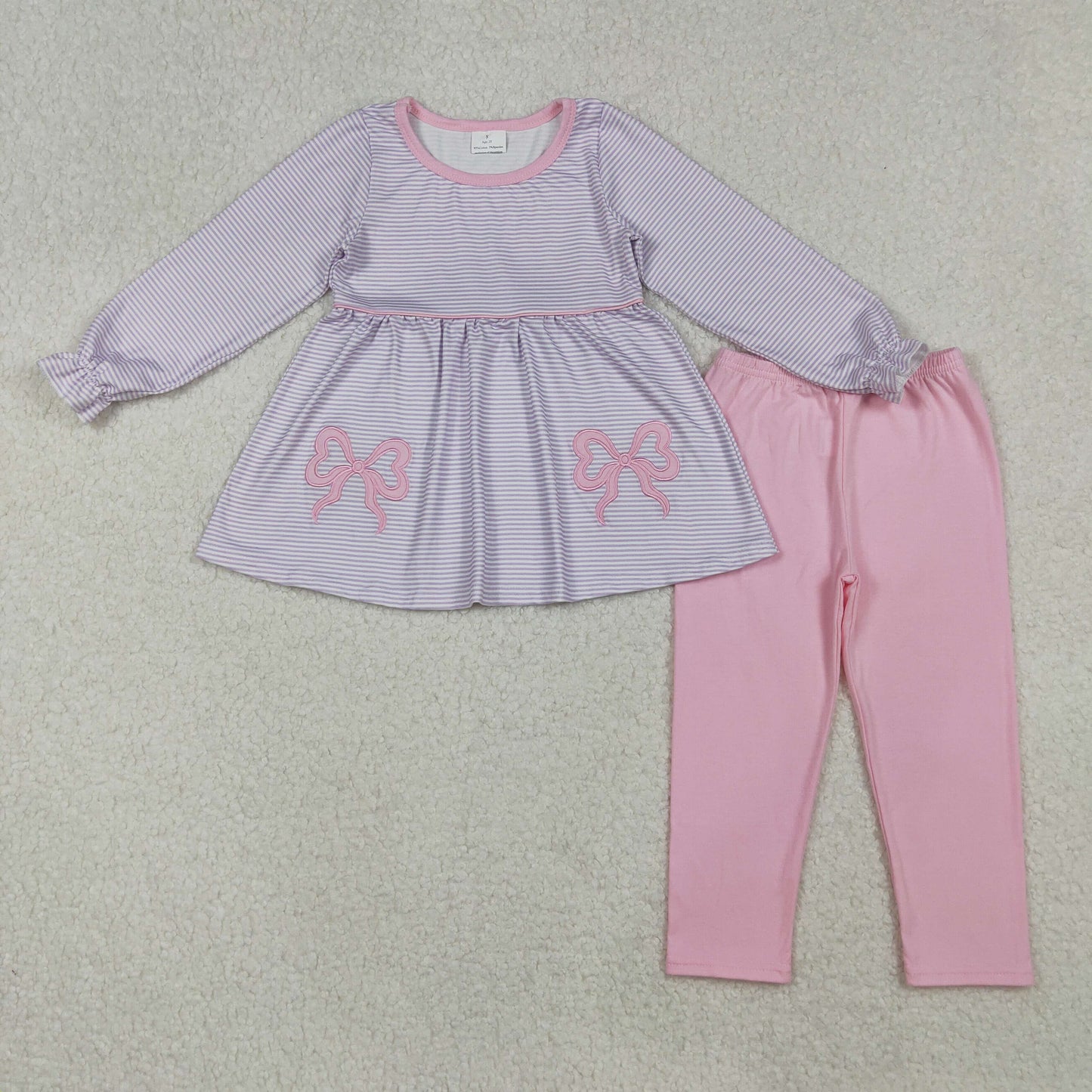 embroidery GLP2696 cute bows purple striped long sleeve pink pants girls set