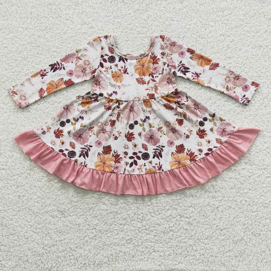 GLD0212 Pumpkin Flowers Pink Long Sleeves Girls Dress