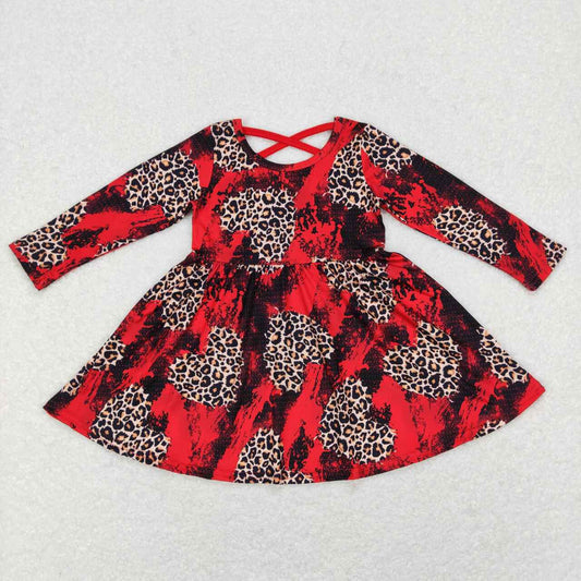 GLD0490 Valentine's Day Leopard Heart Red Long Sleeve Girls Dress