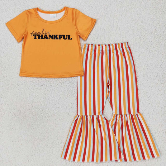 GSPO0883 Thankful orange short sleeve colorful striped pants girls set