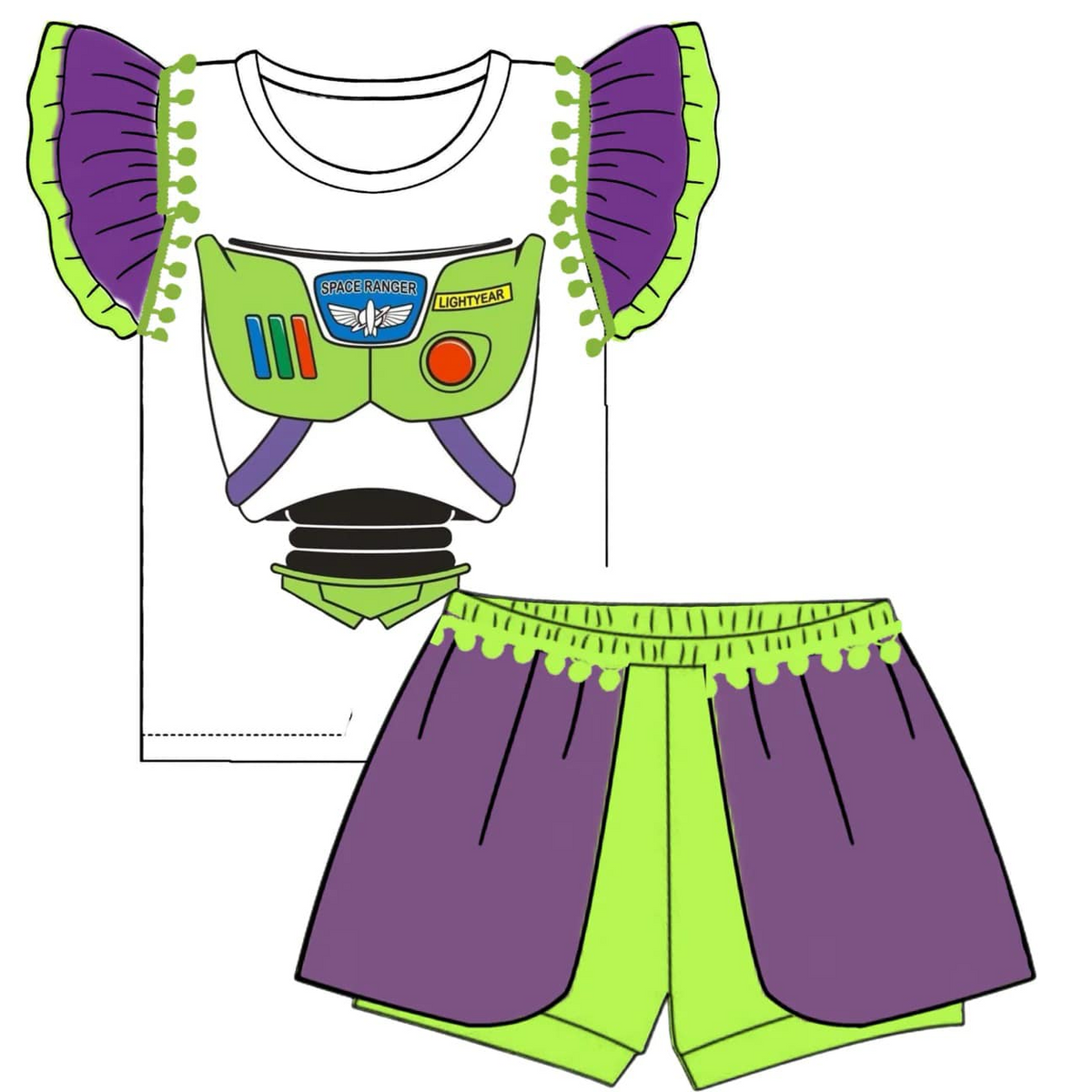 custom style cartoon toy flutter sleeve shorts girls set tat 6-8 weeks