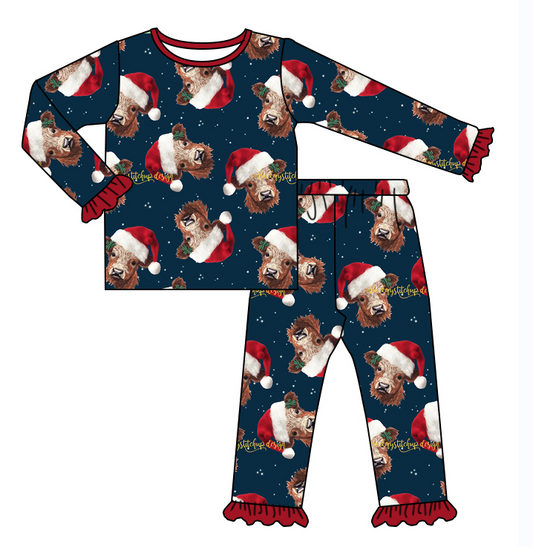 custom S Christmas cow long sleeve kids pajamas