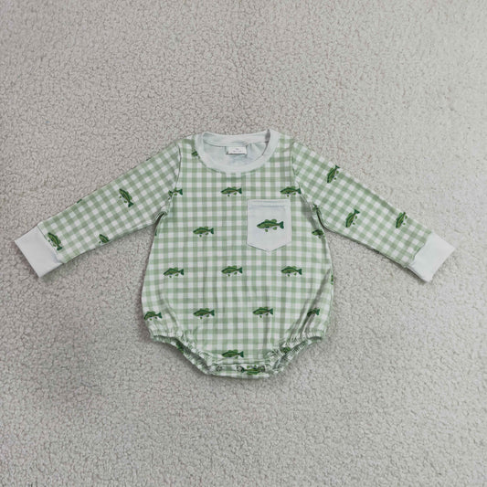 LR3001 Fishing Green Checkered Long Sleeve Boys Romper