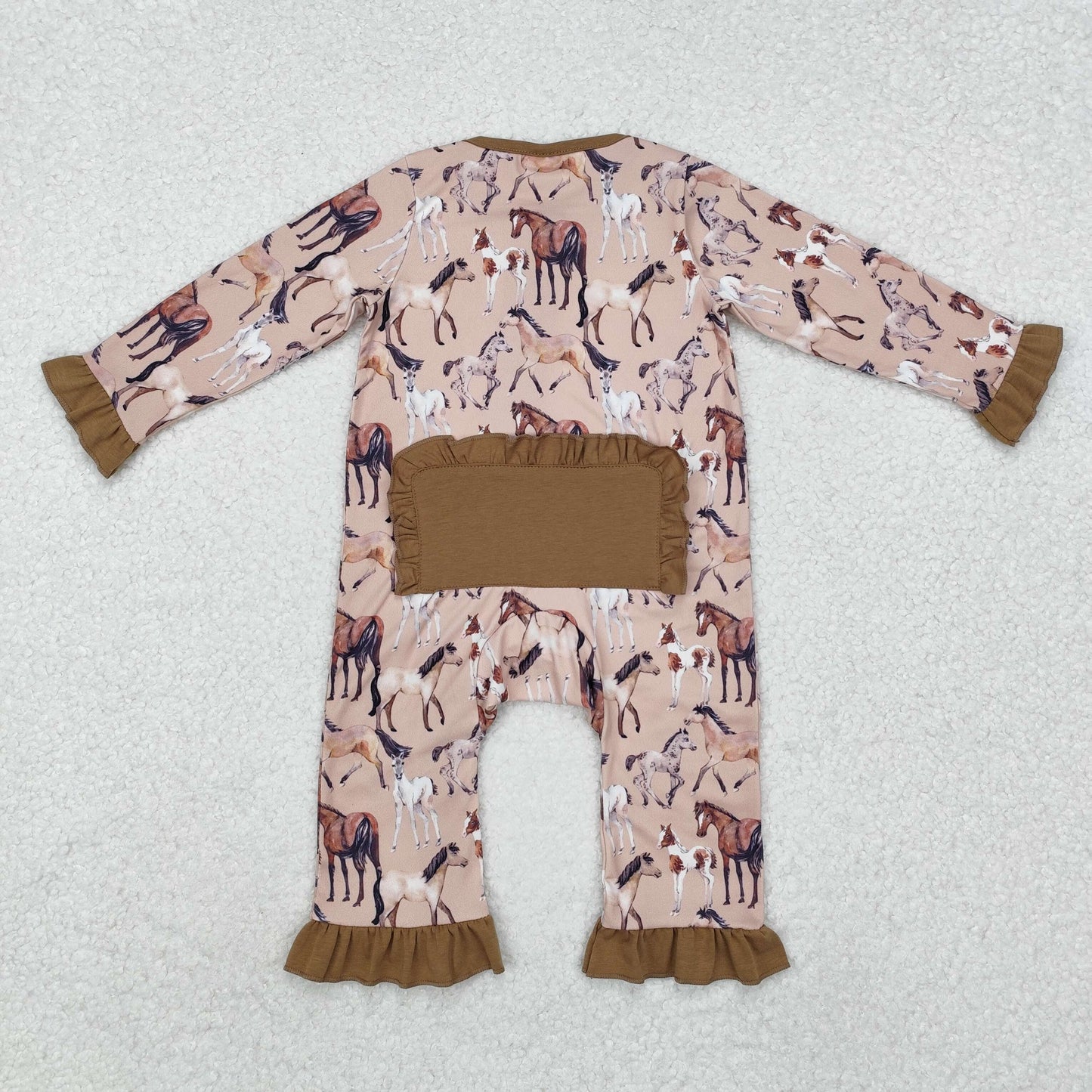 LR1771 Farm horse brown long sleeve zipper girls romper