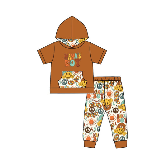 preorder BSPO0275 Mama's Boy Smile Brown Pocket Short Sleeve Hoodie Pants Boys Set