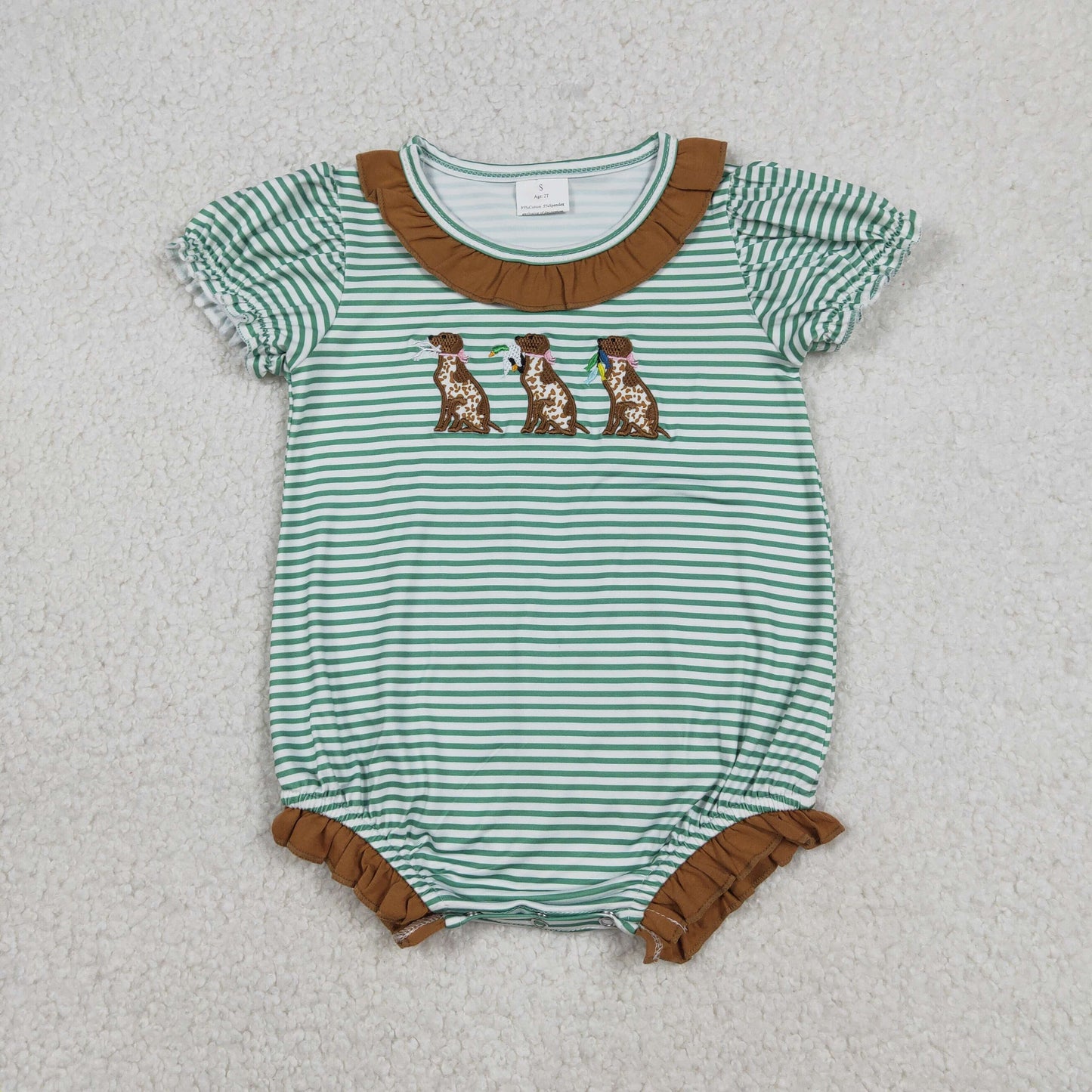 Embroidery SR3404 Hunting Mallard Duck Dog Striped Short Sleeve Girls Romper