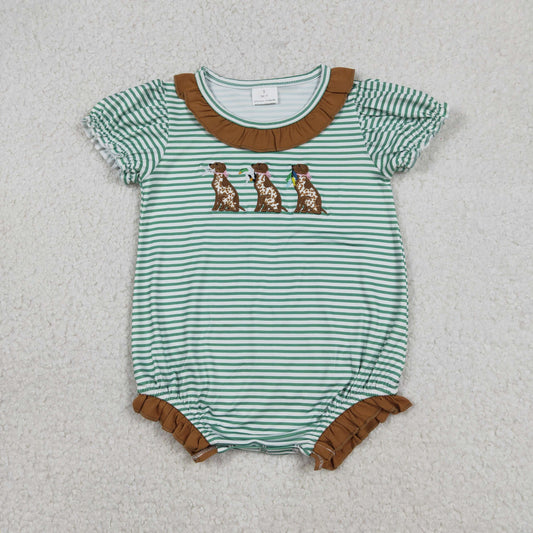 Embroidery SR3404 Hunting Mallard Duck Dog Striped Short Sleeve Girls Romper