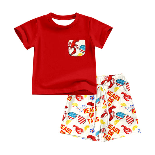 Preorder July 4th Crayfish Heads Or Tails Red Pocket Short Sleeve Shorts Boys Set