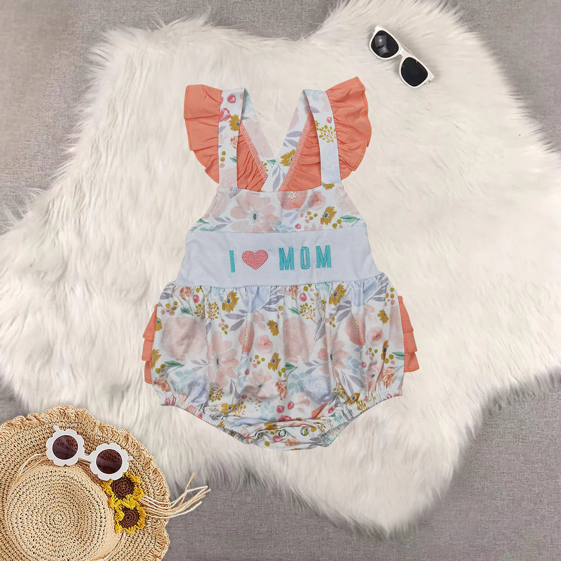 Embroidery i love mon flowers orange RTS Sibling Clothes