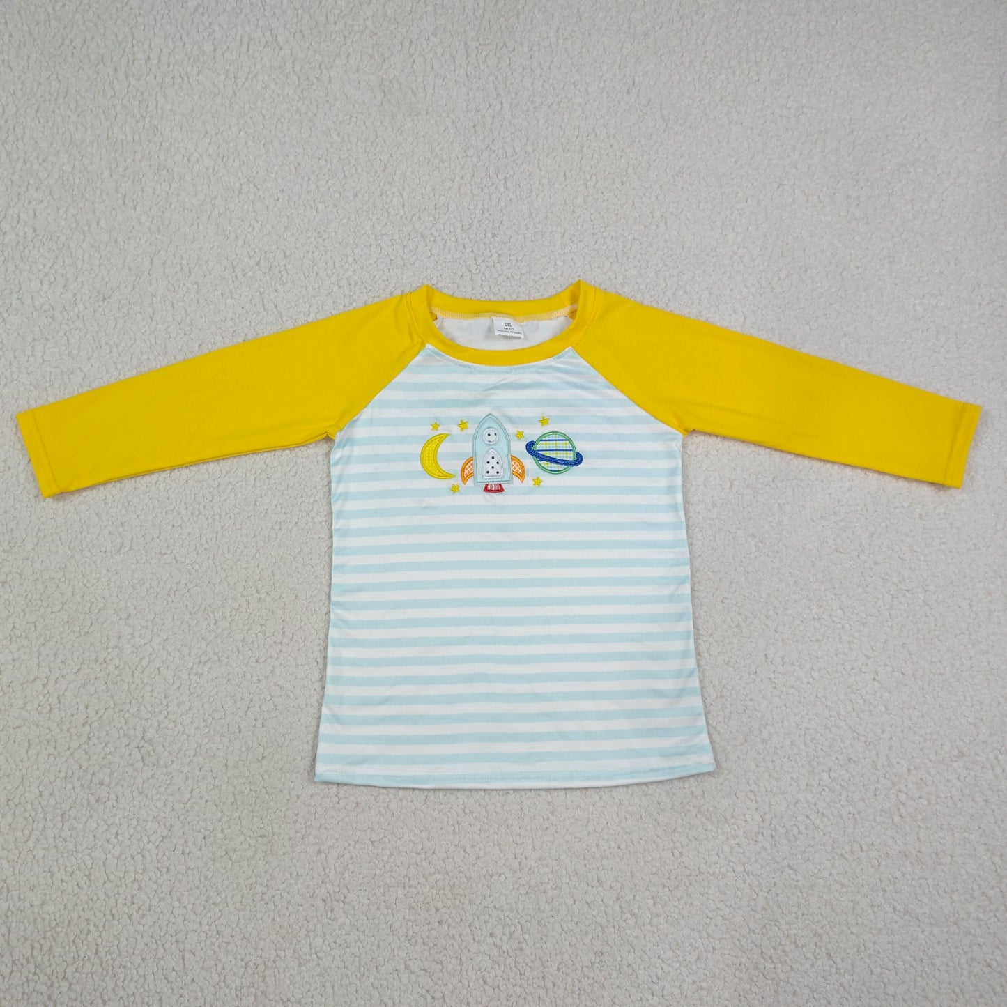 Embroidery BT1831 Cartoon Moon Blue Striped Long Sleeve Boys Top