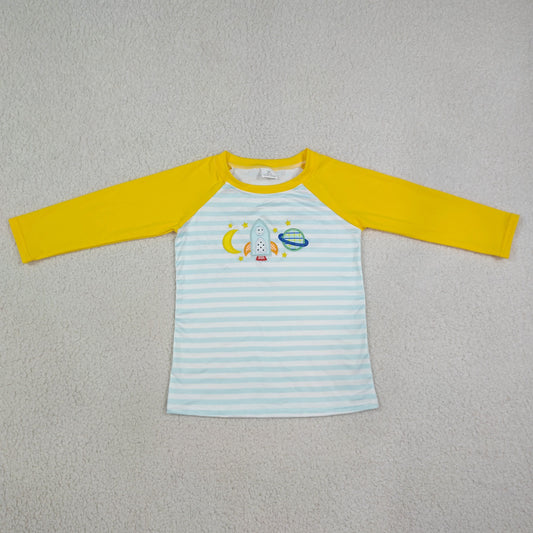 Embroidery BT1831 Cartoon Moon Blue Striped Long Sleeve Boys Top