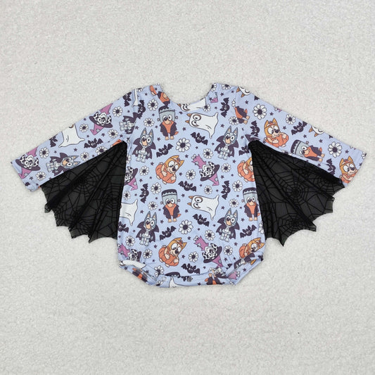 LR1341 Halloween blue dog flowers long sleeve girls lace romper