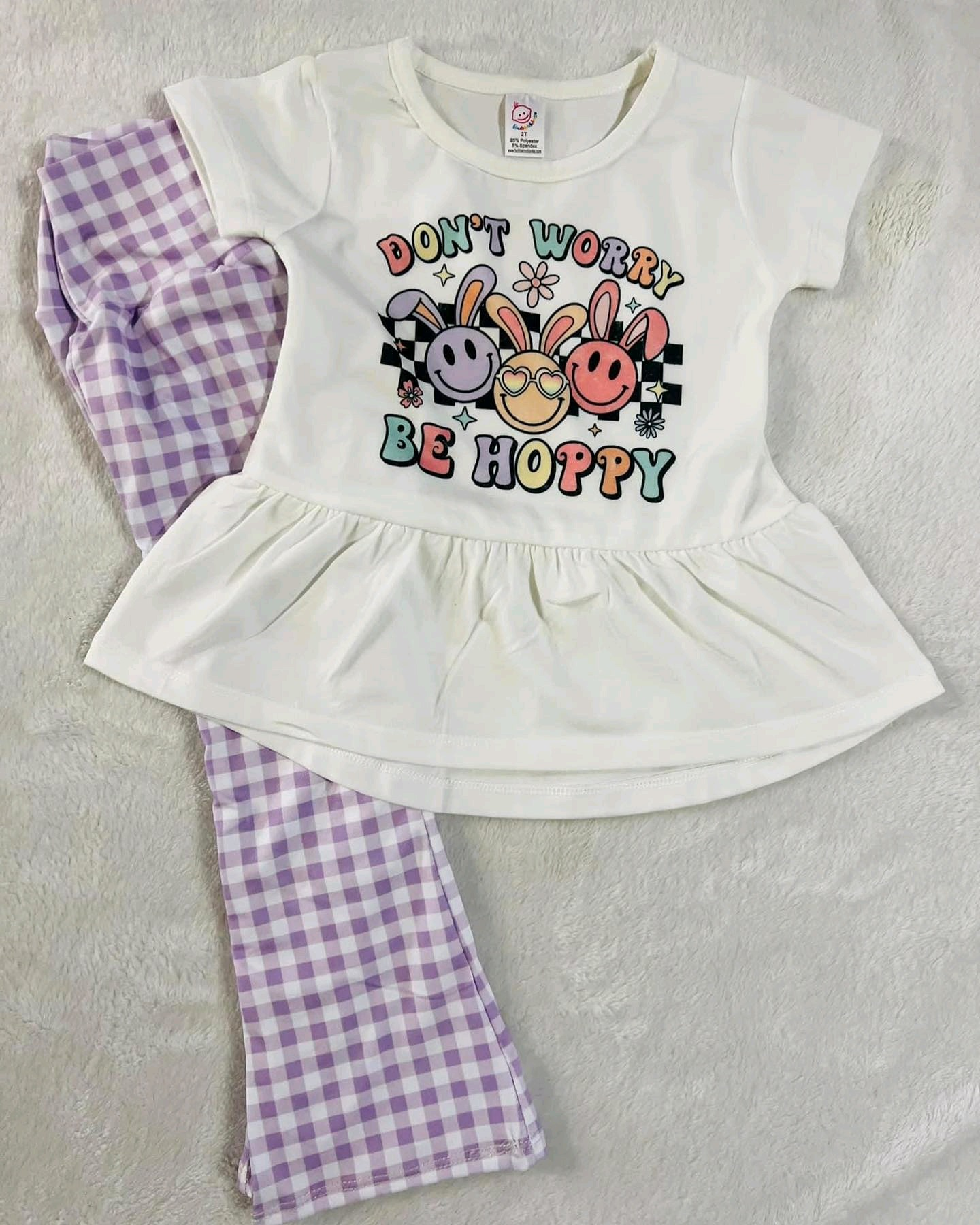 preorder GSPO1742 Easter dont worry be hoppy bunny rabbit short sleeve purple  checkered pants girls set