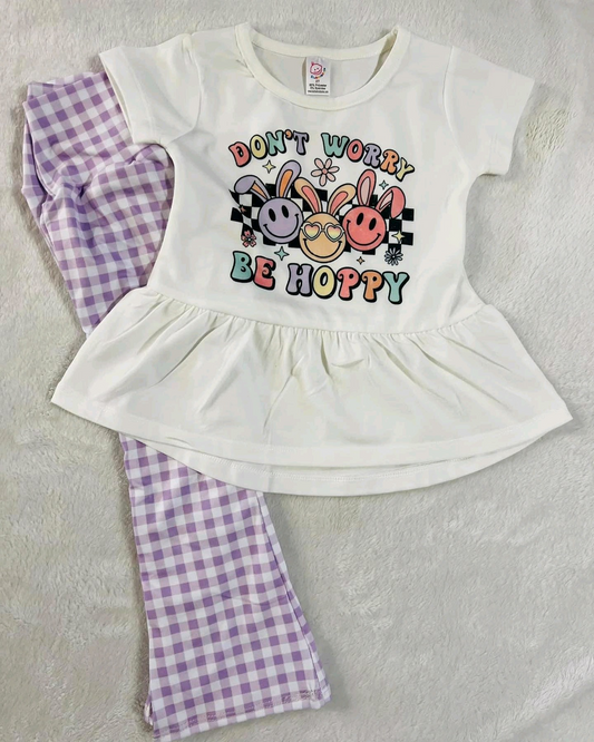 preorder GSPO1742 Easter dont worry be hoppy bunny rabbit short sleeve purple  checkered pants girls set