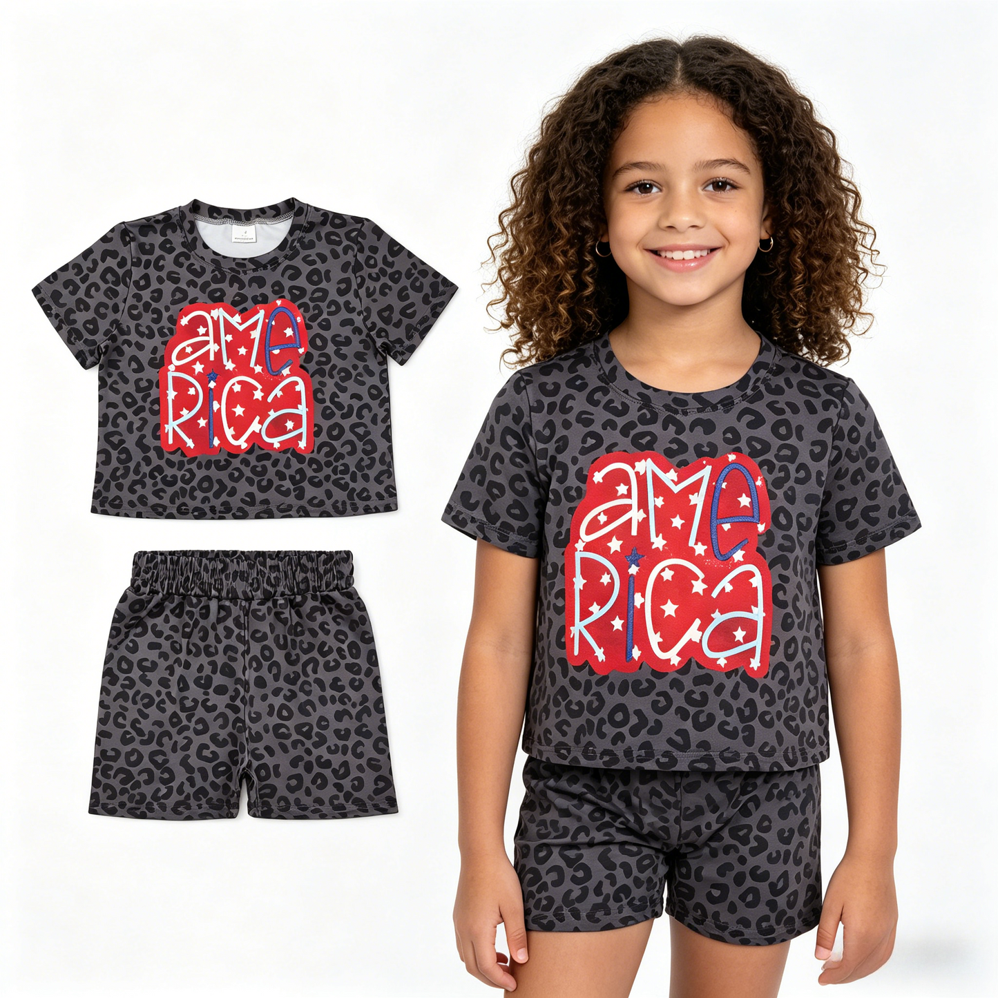 GSSO2576 July 4th america black leopard short sleeve shorts girls set