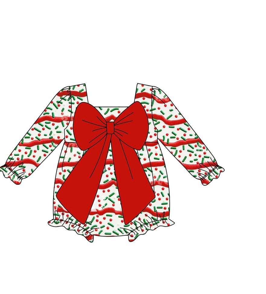 custom moq 5 Chrstmas sprinkles green with big bow long sleeve girls romper