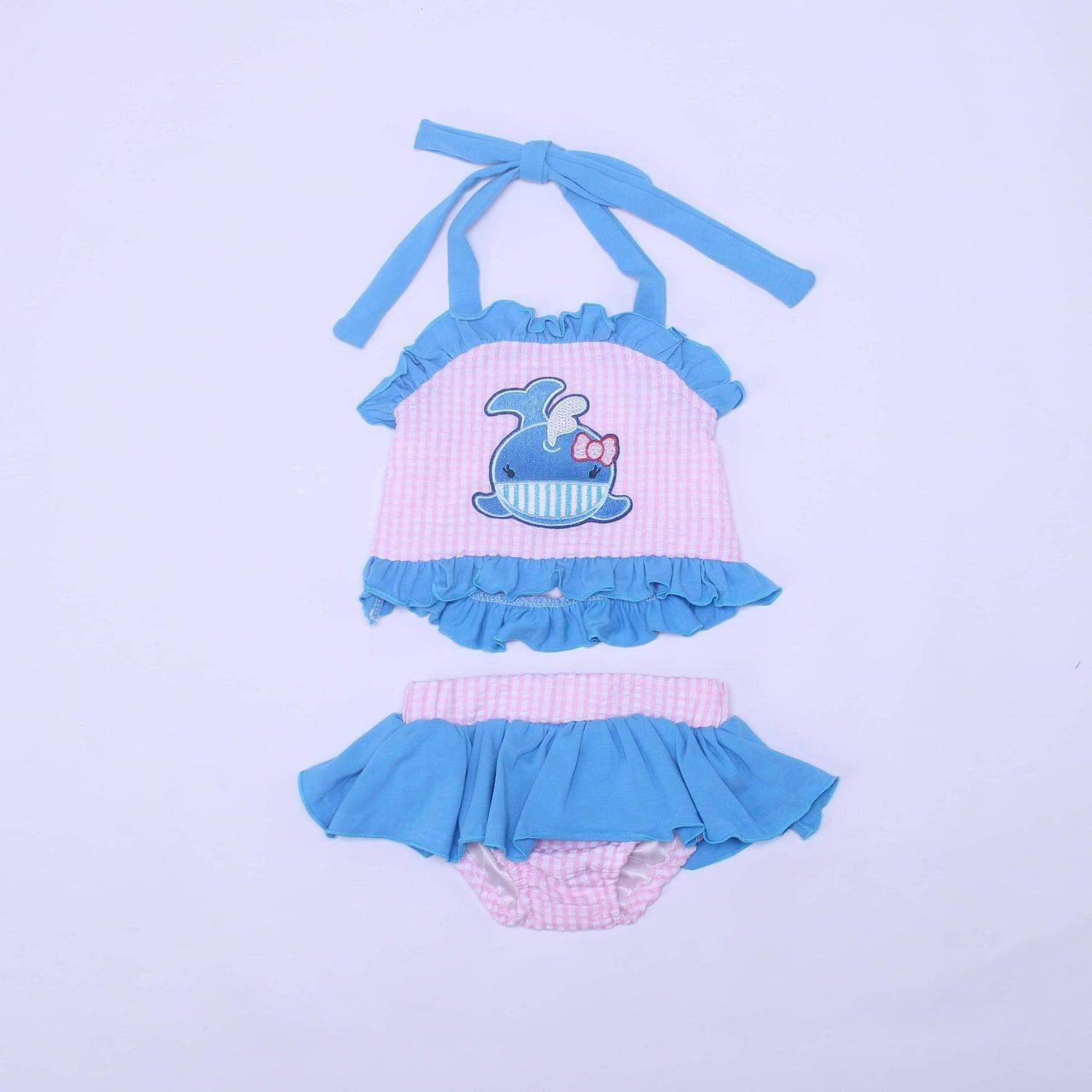 preorder Cartoon shark pink checkered sleeveless blue ruffles girls sw ...