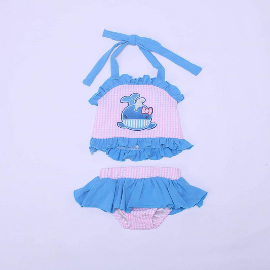 preorder Cartoon shark pink checkered sleeveless blue ruffles girls swimsuits