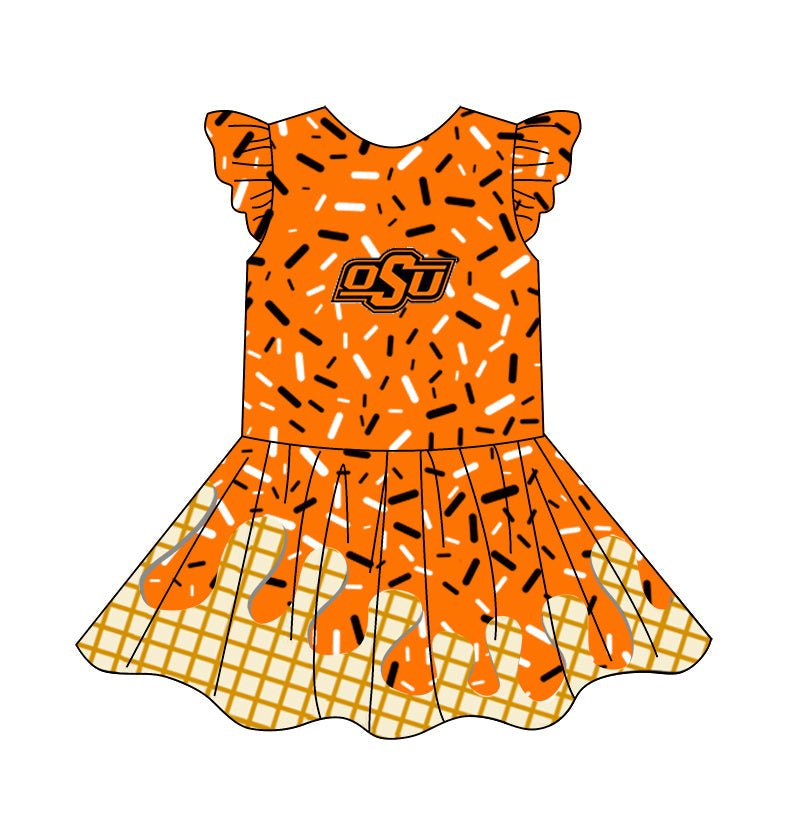 Custom Moq 5 Football Team OSU orange ice printing flutter sleeve girls dress