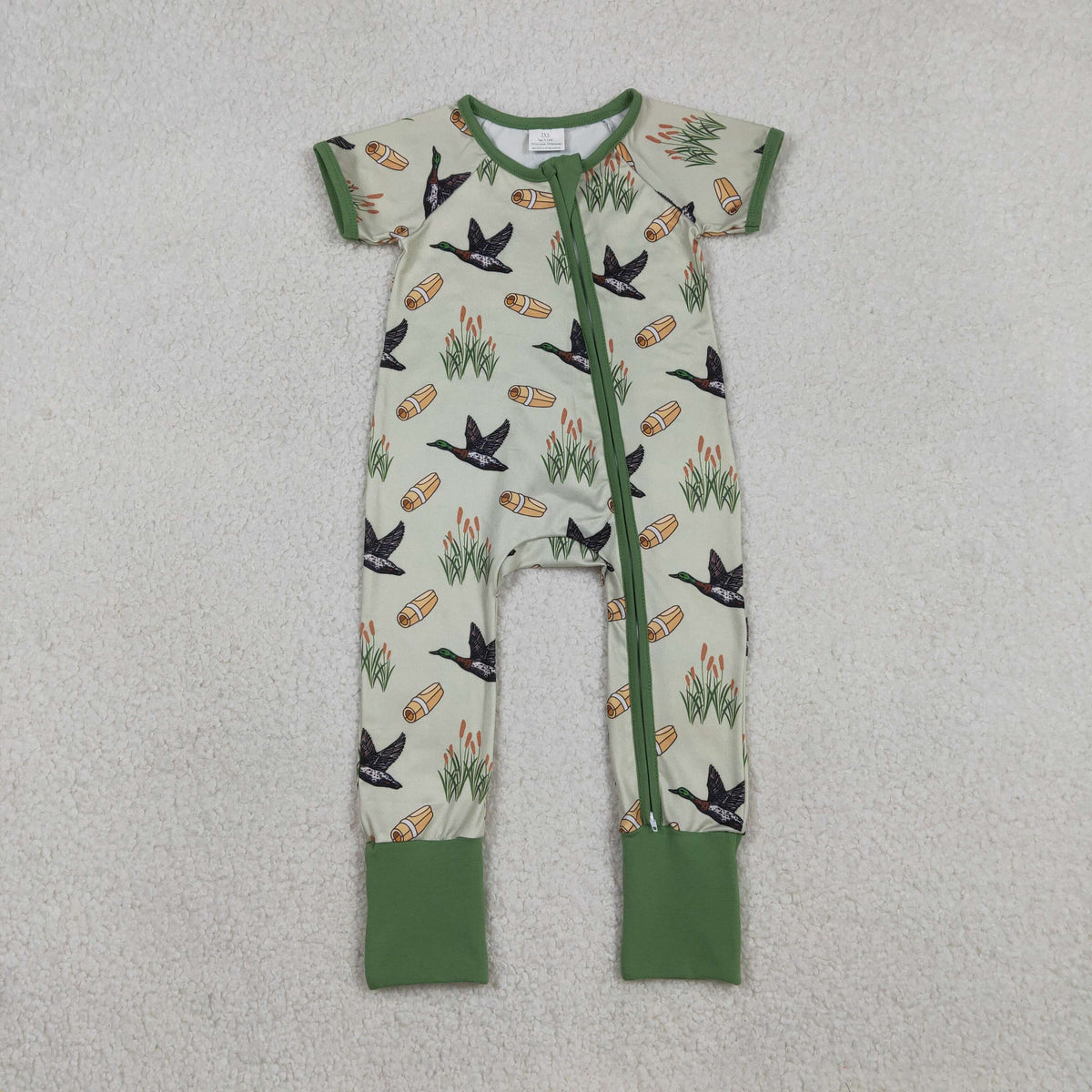 SR3498 Hunting Mallard Duck Green Zipper Short Sleeve Boys Romper