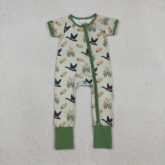 SR3498 Hunting Mallard Duck Green Zipper Short Sleeve Boys Romper