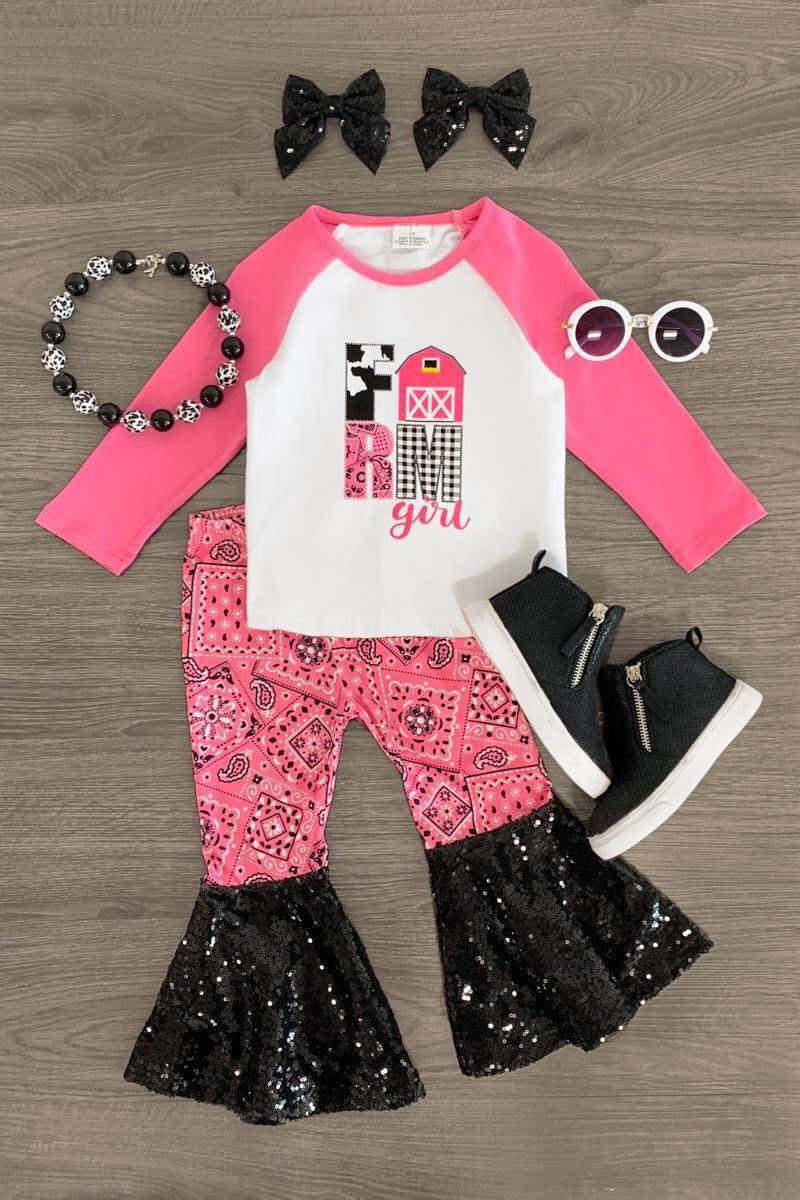 custom 11.11 Farm house pink long sleeve sequin pants girlsset