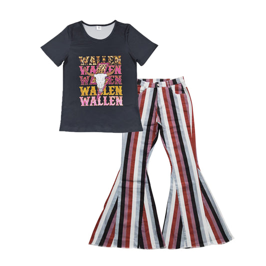 Wallen cow black short sleeve top red pink black striped denim pants adult set