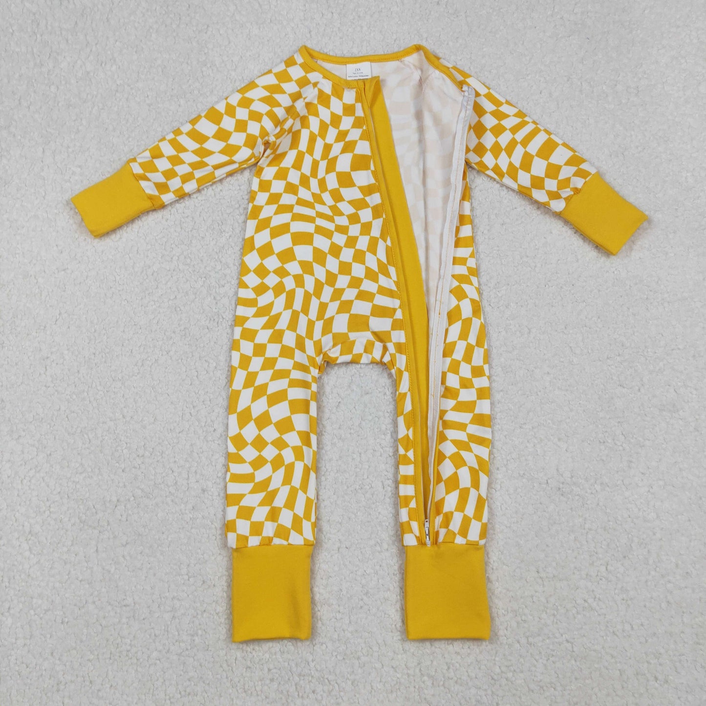LR1089 yellow checkered long sleeve zipper girls romper