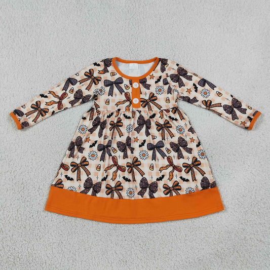GLD1708 Halloween Bows Corn Candy Long Sleeve Girls Dress