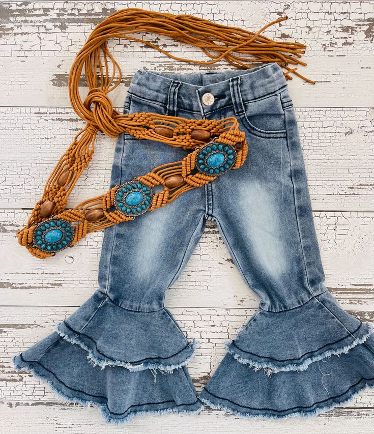 Blue Bleach Designs Double Ruffles Jeans & belt 2pcs girls jeans denim pants