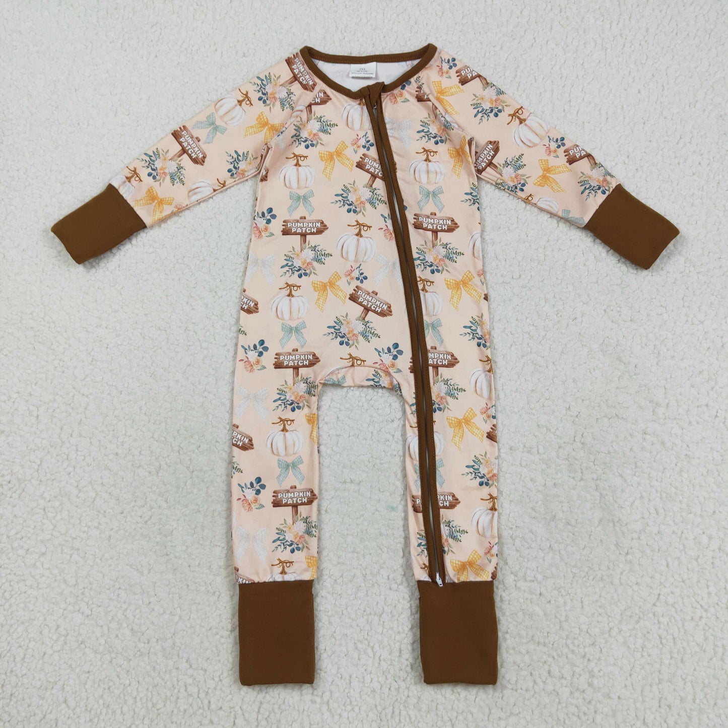 Custom moq 20 bamboo Autumn pumpkin patch flowers zipper long sleeve girls  romper